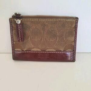 COACH Skinny Key Card Case Small Wallet Canvas Leather Zip Beige Logo Fair
